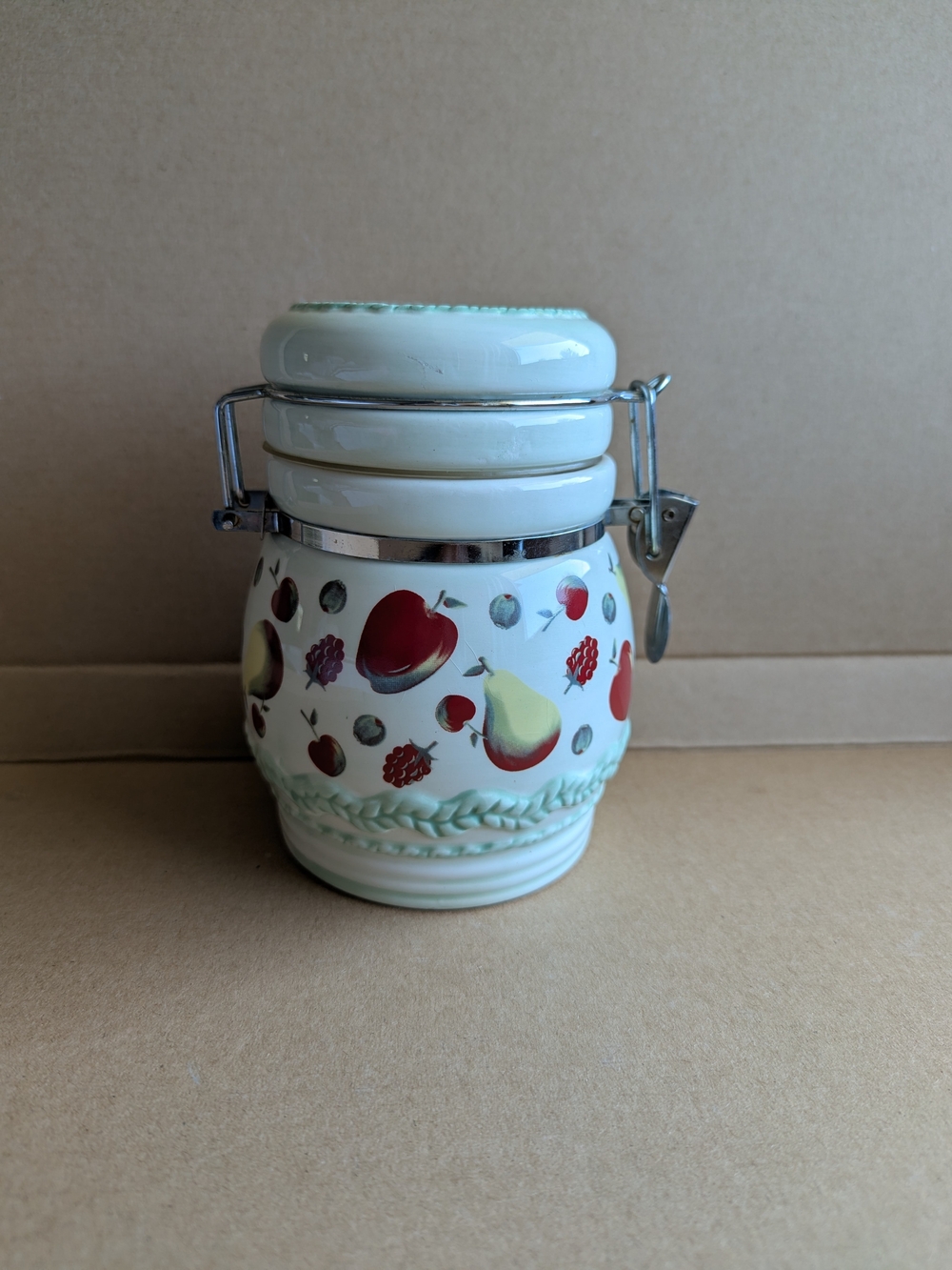 VTG Ceramic Fruit Kitchen Canister Wire Bail Clamp Lid LTD Commodities Grandma